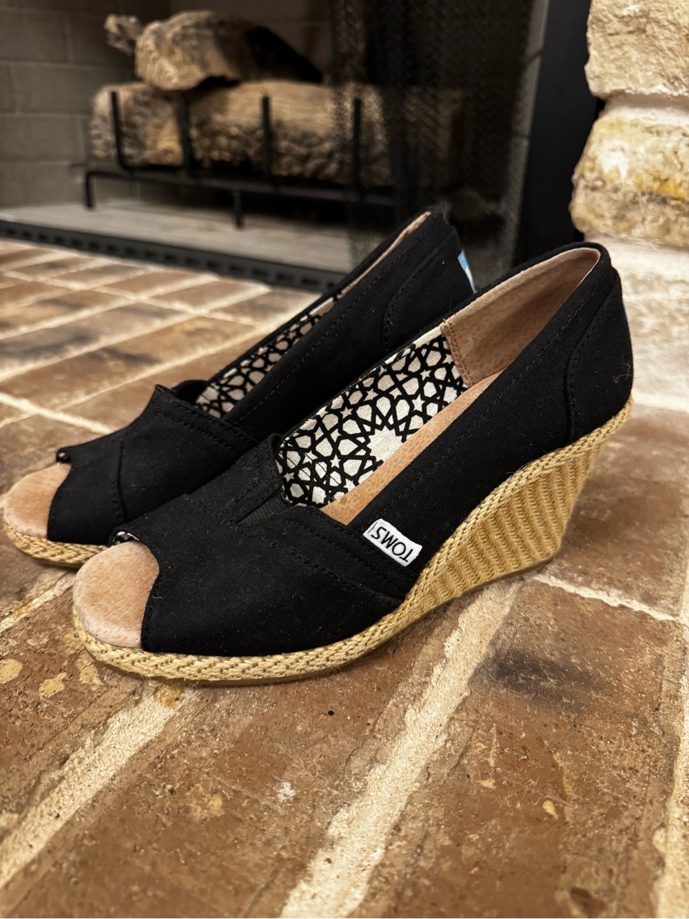 Toms Black Canvas Wedge Espadrille Peep Toe